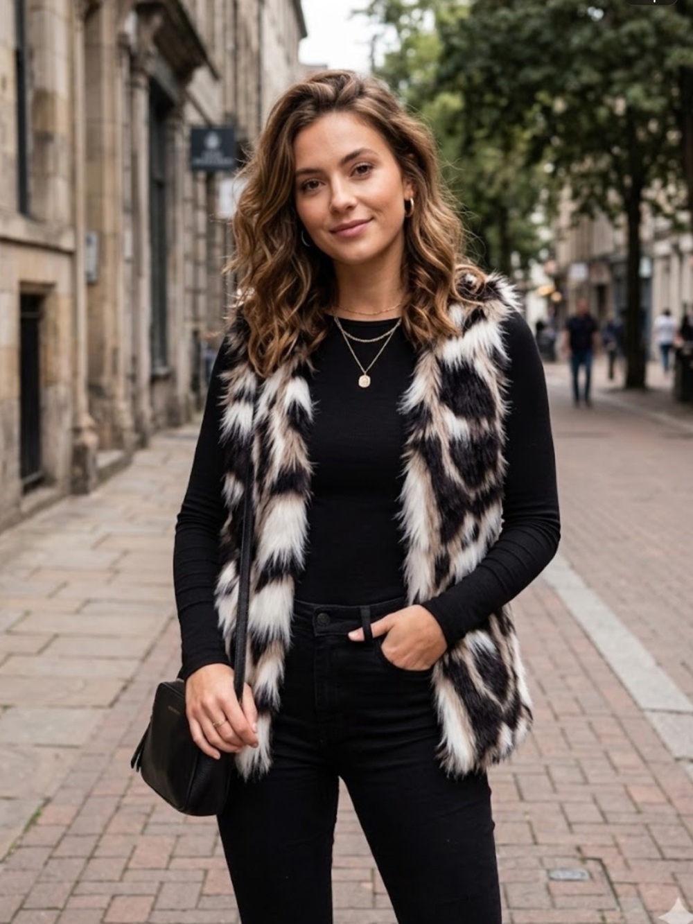 Hot & Delicious Black & Cream Faux Fur Trim Vest